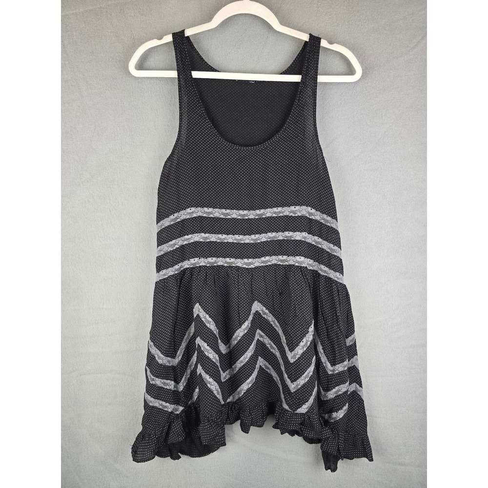 Free People Tunic Top Womens M Black Polka Dot Lace Trim Boho Ruffle Mini Dress